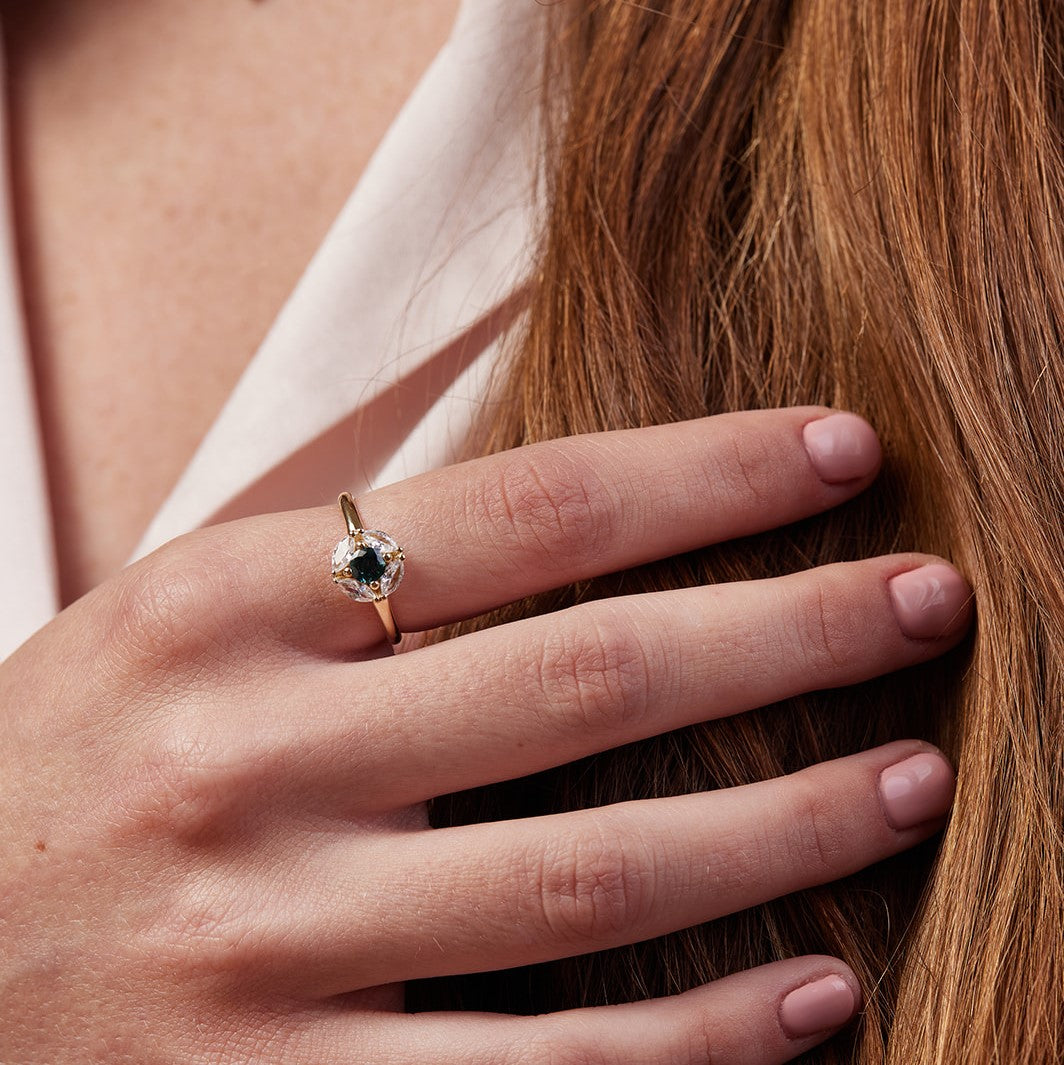 Magritte Ring set with turquoise sapphire and lab diamonds