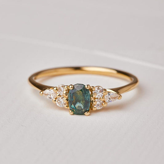 Teal Sapphire & Lab Diamond Engagement Ring Set